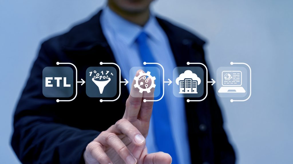 Homem branco de terno  clicando com o dedo em um ícone de TI